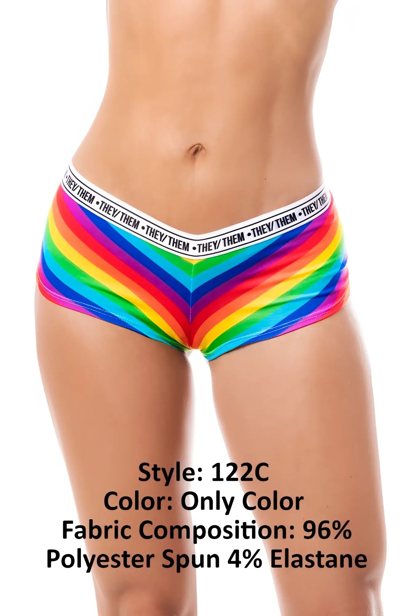 Mapale 122C rainbow cheeky short briefs with rainbow stripes and a white waistband featuring they them text
