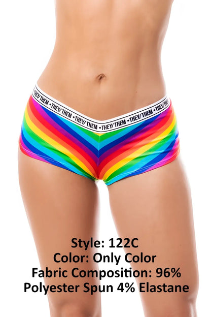 Mapale 122C rainbow cheeky short briefs with rainbow stripes and a white waistband featuring they them text