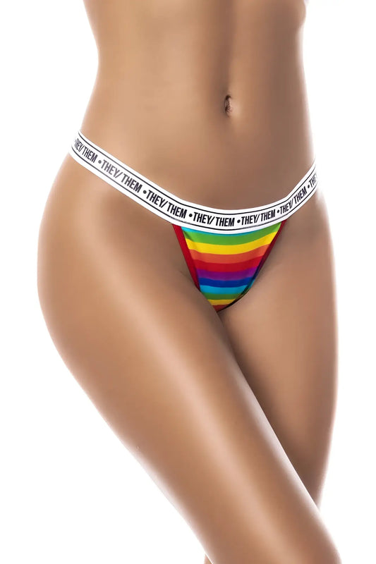 Mapale 123c rainbow thong with rainbow stripes and white waistband featuring repeated they them text on the edge