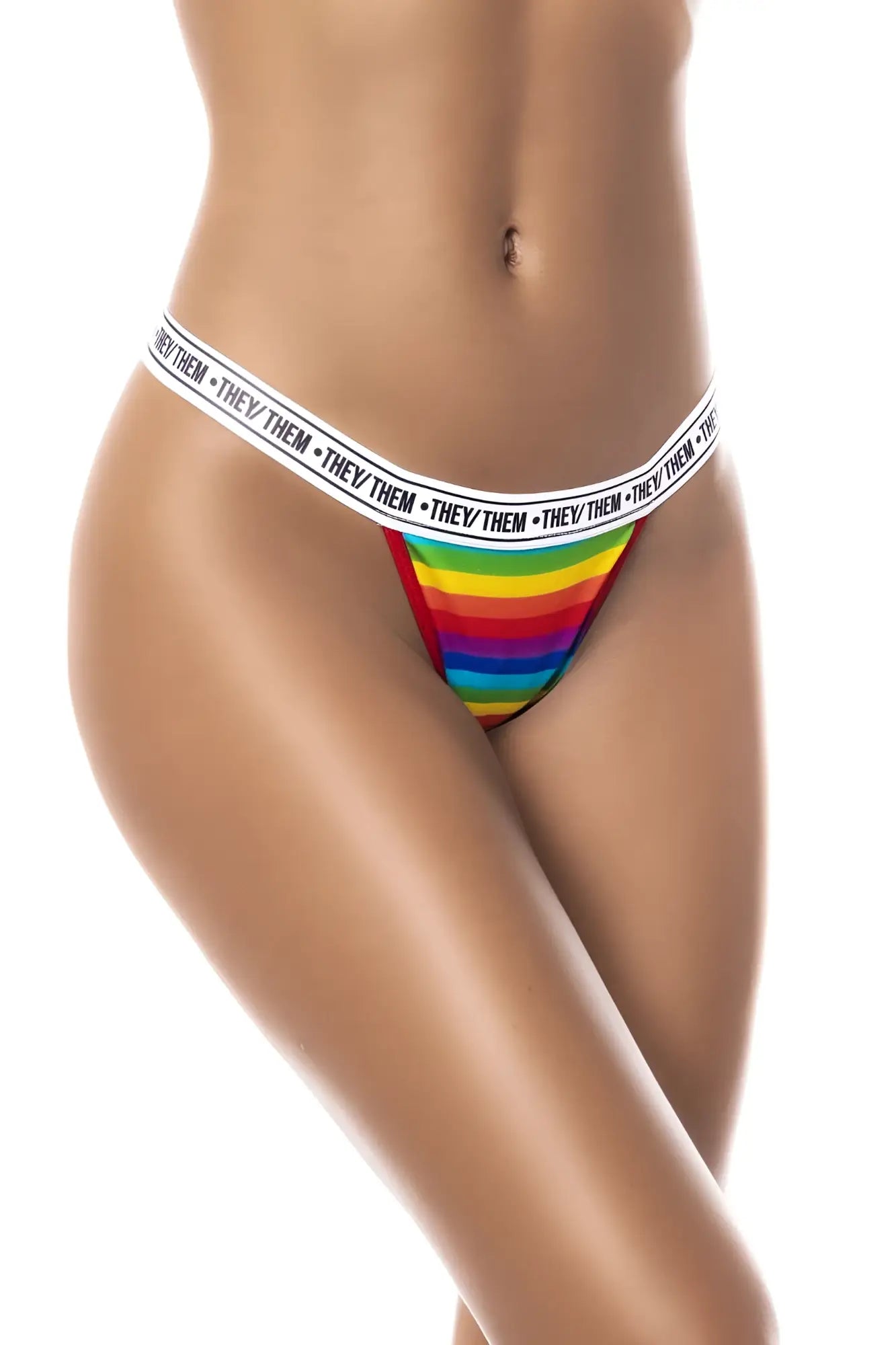 Mapale 123c rainbow thong color only color with rainbow stripes and white waistband featuring they them text