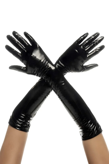 Black patent leather Mapale 125 Cruella high gloves with a glossy finish and long sleek design shown from the back