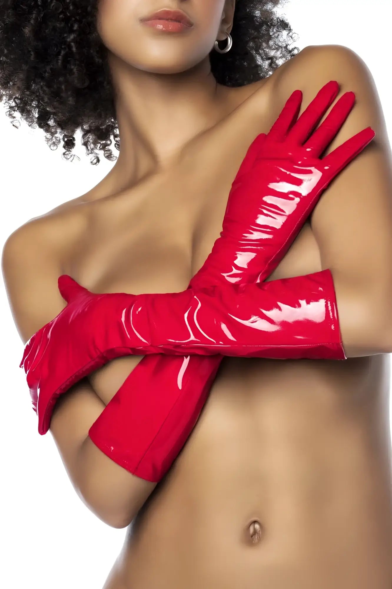 Bright red glossy patent leather opera gloves by mapale showing smooth shiny finish and elegant length