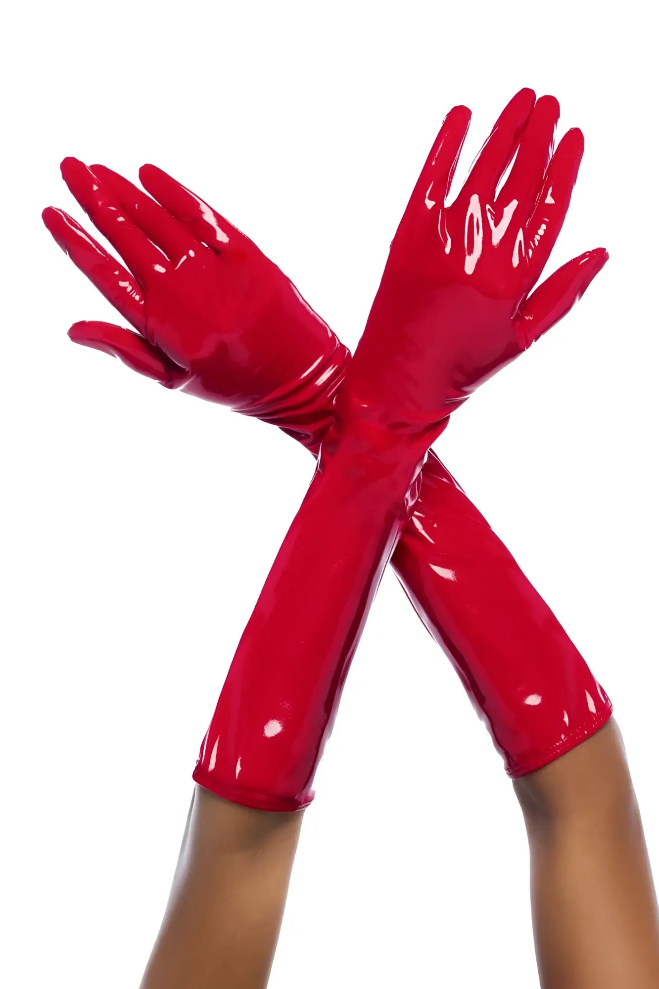 Vibrant red glossy latex gloves with long sleeves extending past the elbow from mapale 125 gloves color gloss red
