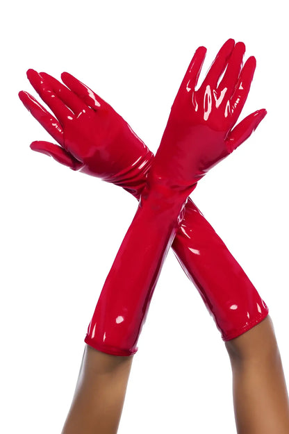 Vibrant red glossy latex gloves with long sleeves extending past the elbow from mapale 125 gloves color gloss red