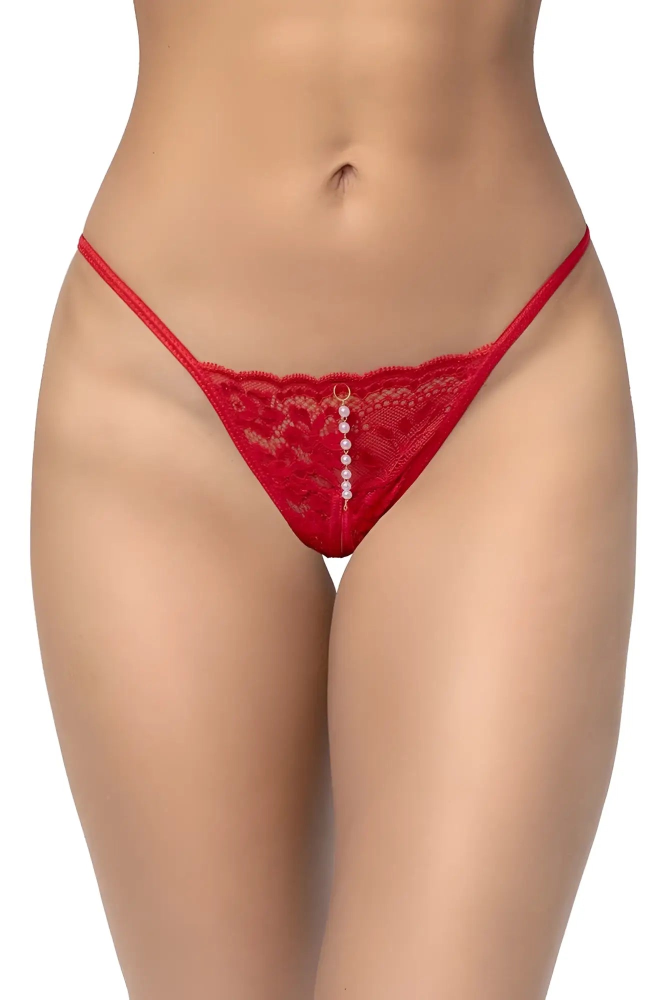 Mapale 129 red thong with a vertical row of white pearls down the center made of red lace fabric