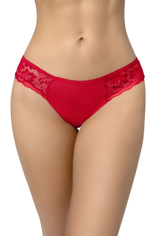 Red lace-trimmed thong in satin-like fabric with delicate floral embroidery from mapale 131 collection