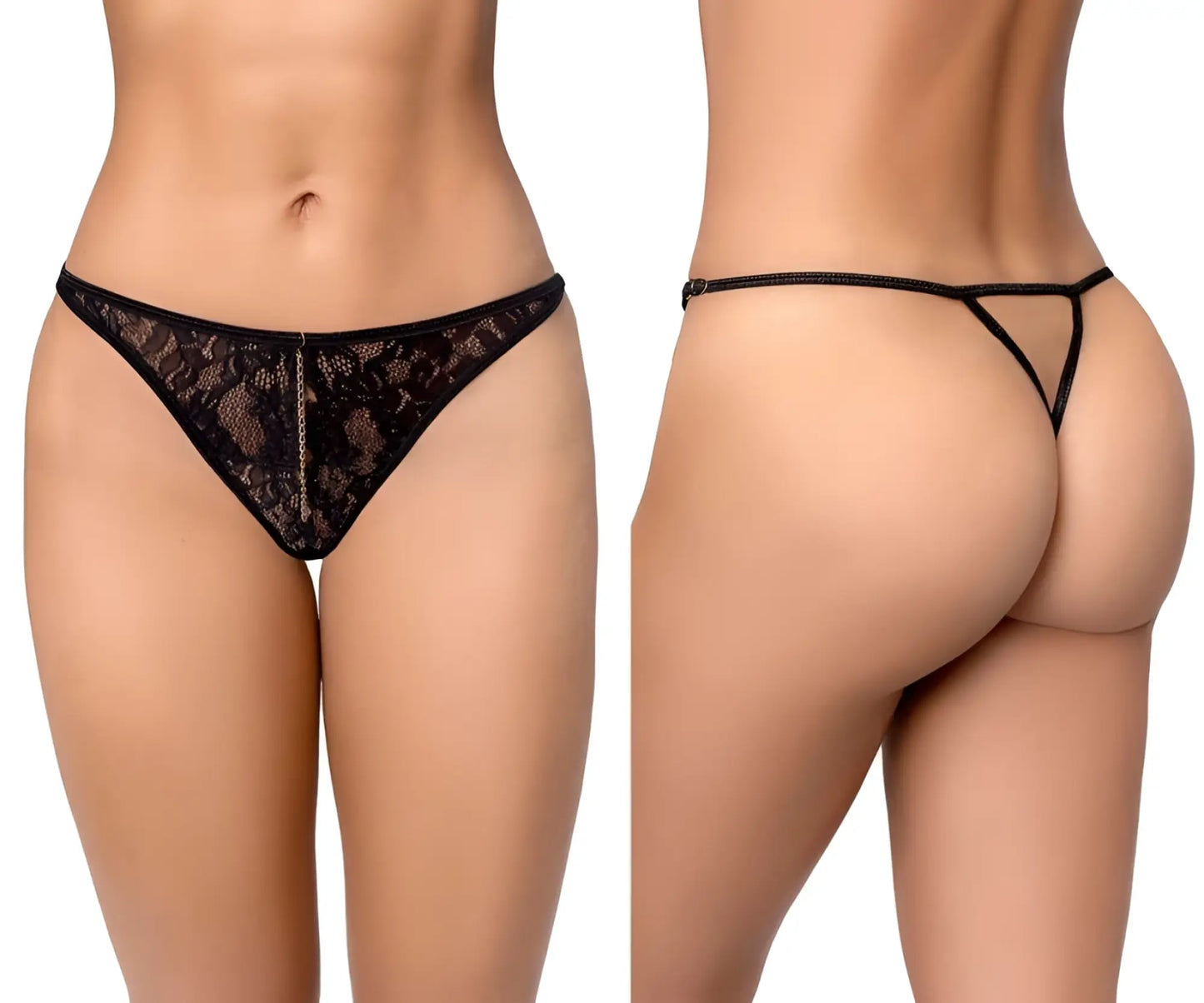 Black lace thong mapale 133 with delicate floral pattern and thin adjustable straps in black color