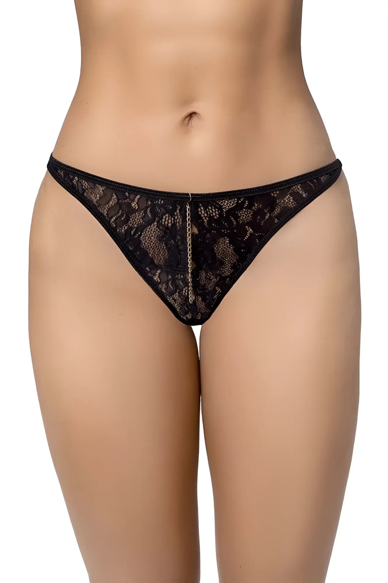 Black lace thong with delicate floral patterns and a central gold chain detail by mapale in color black