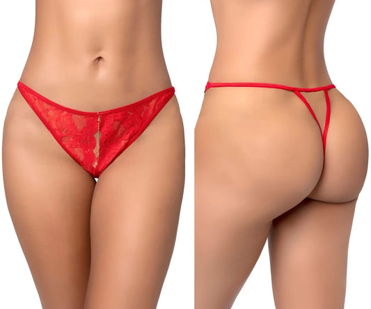 Mapale 133 thong in red lace with a delicate floral pattern and thin matching strings shown from the back side