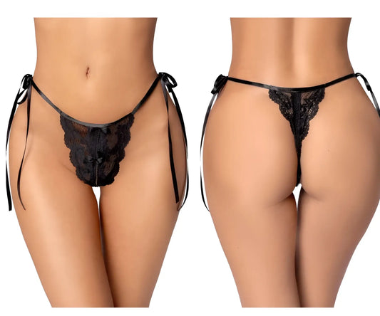 Black lace thong with side ties and sheer mesh panel in black by mapale 134 shown from the back side
