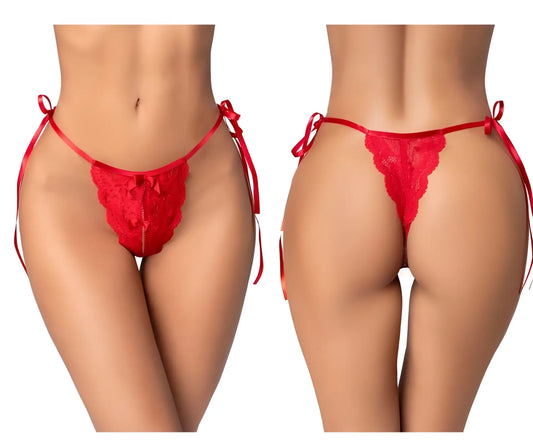 Red lace mapale 134 thong with satin ties and a small bow at the front in vibrant red color