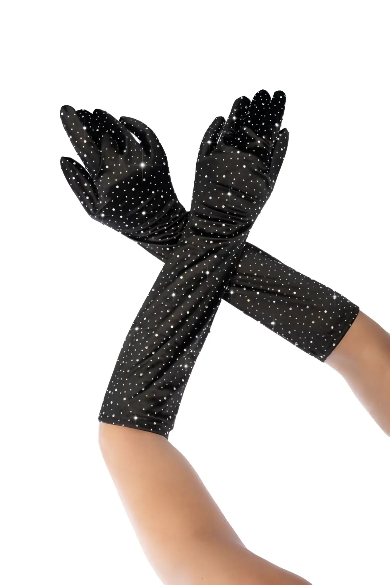 Black satin opera gloves by Mapale adorned with sparkling white rhinestones for a glamorous look