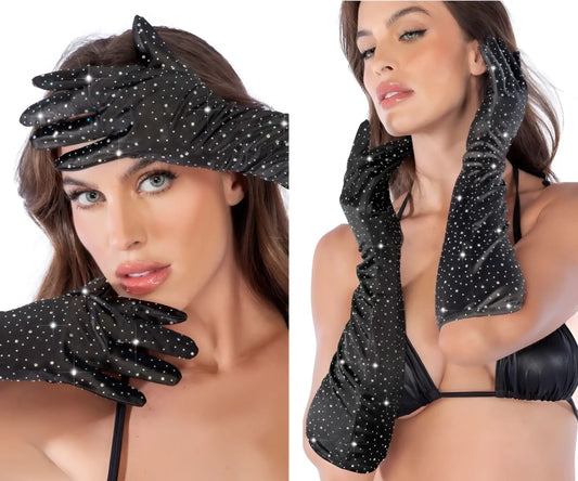Black satin opera gloves by Mapale 135 with long sleeves and sparkling rhinestone embellishments visible on back side