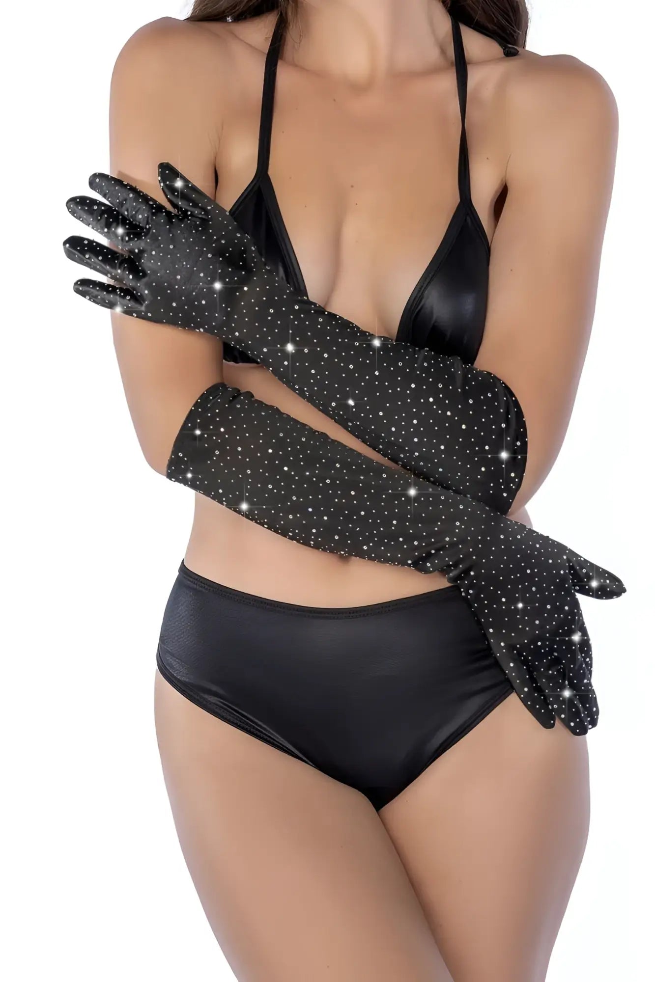 Black sparkly satin rhinestone opera gloves by Mapale adorned with numerous small white rhinestones