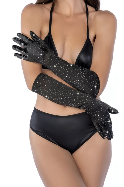 Black sparkly satin rhinestone opera gloves by Mapale adorned with numerous small white rhinestones