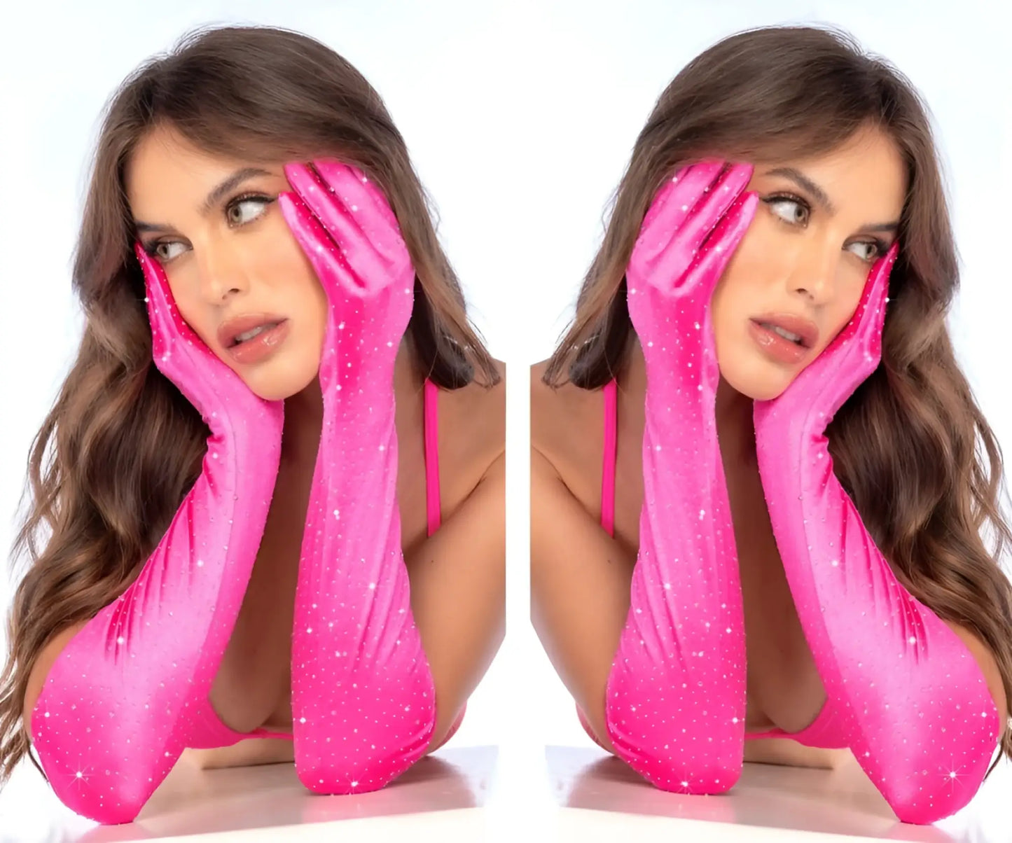 Mapale 135 pink satin rhinestone opera gloves with bright pink sparkly satin and subtle glittery speckles