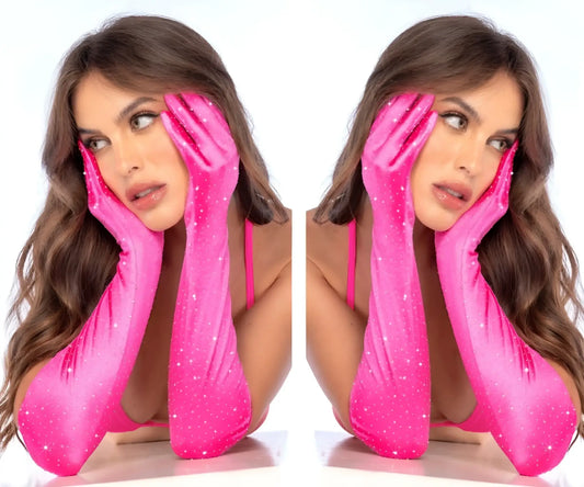 Mapale 135 pink satin rhinestone opera gloves with bright pink sparkly satin and subtle glittery speckles