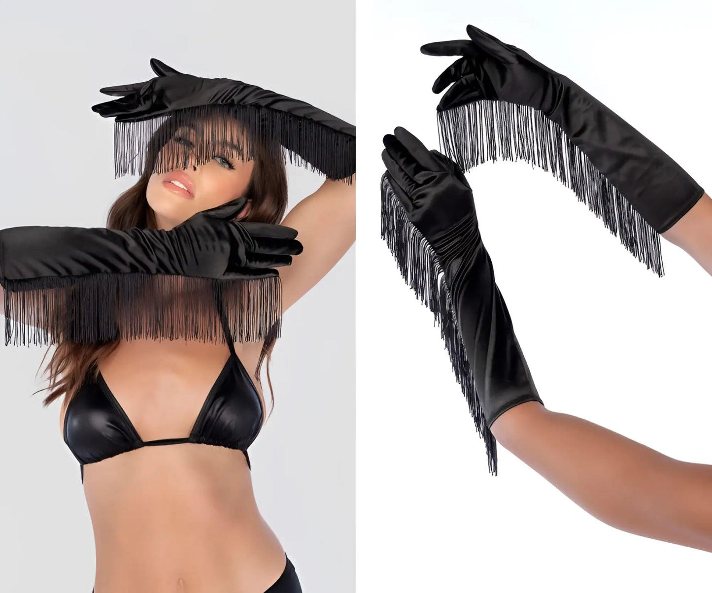 Black satin fringe opera gloves by mapale featuring elegant fringe detailing for formal or costume wear