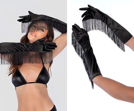 Black satin fringe opera gloves by mapale featuring elegant fringe detailing for formal or costume wear