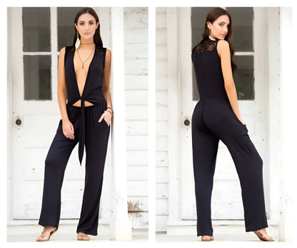 Black sleeveless jumpsuit with lace back detailing and deep front tie from mapale 1897 collection