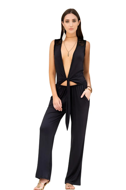 Black sleeveless Mapale 1897 jumpsuit with lace shoulder detailing and a deep front tie for elegant wear