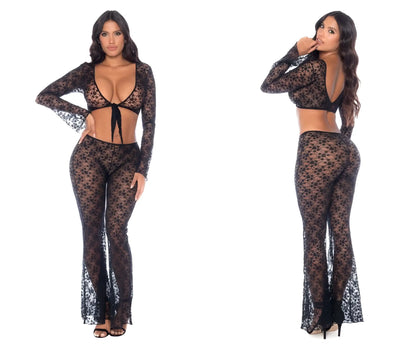 Black lace two-piece set with floral pattern and flared pants by Mapale in black color for stylish occasions