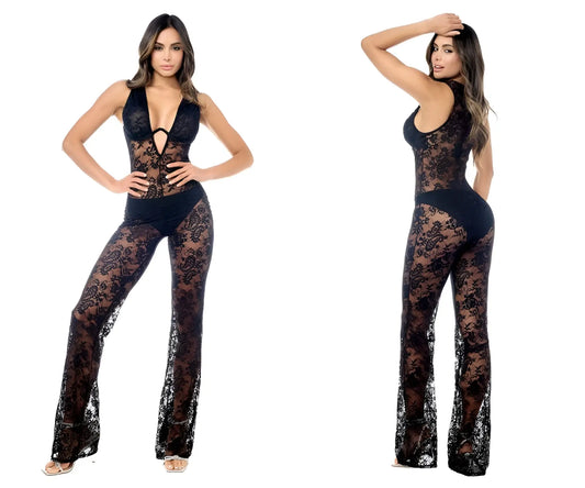 Black lace Mapale 1916 jumpsuit with halter neckline and flared legs in black color