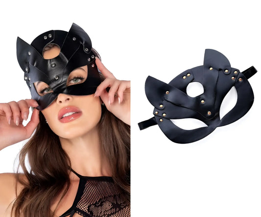 Black cat-eared faux leather eye mask with metallic studs and adjustable straps by Mapale 196 in black