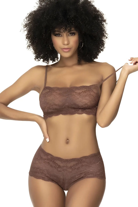 Brown lace bra and matching briefs set in cocoa color from mapale 206 panty and top lace set collection