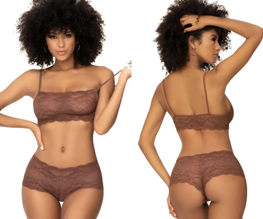 Brown lace bra and matching high-waisted briefs set mapale 206 panty and top lace set color cocoa