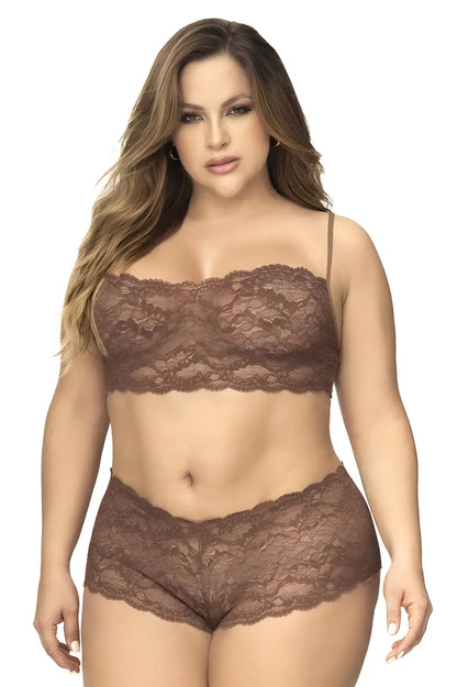 Brown lace bra and matching high-waisted panties set in cocoa color from mapale lace collection