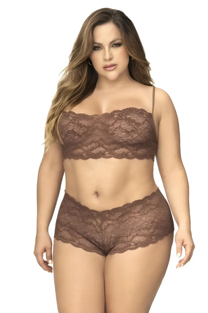 Mapale 206x cocoa brown lace bra and matching high-waisted panties set made of delicate lace fabric