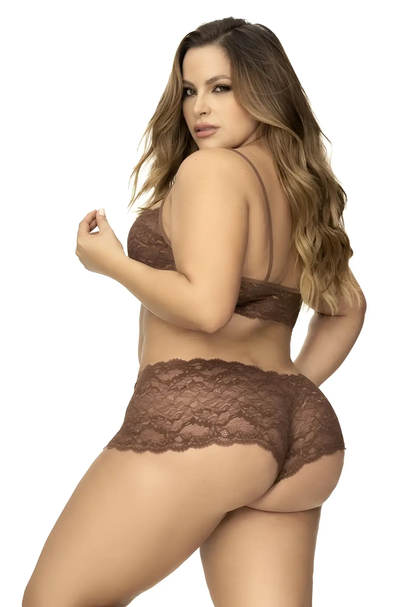 Brown lace lingerie set with intricate floral patterns seamless form-fitting design in mapale 206x color cocoa