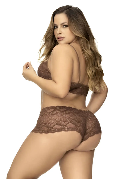 Brown lace lingerie set with intricate floral patterns seamless form-fitting design in mapale 206x color cocoa