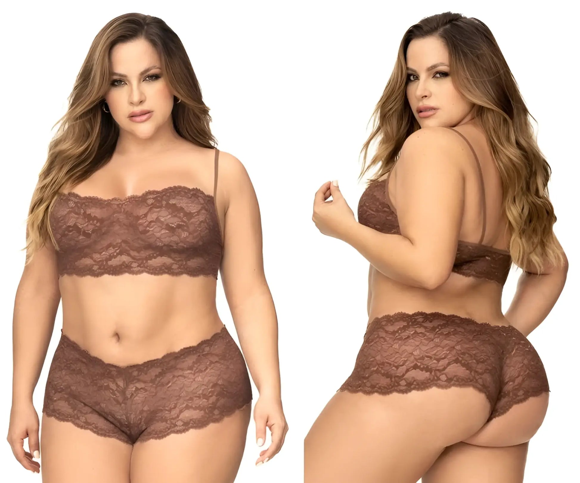 Brown lace lingerie set with intricate floral patterns and delicate spaghetti straps in mapale 206x cocoa color