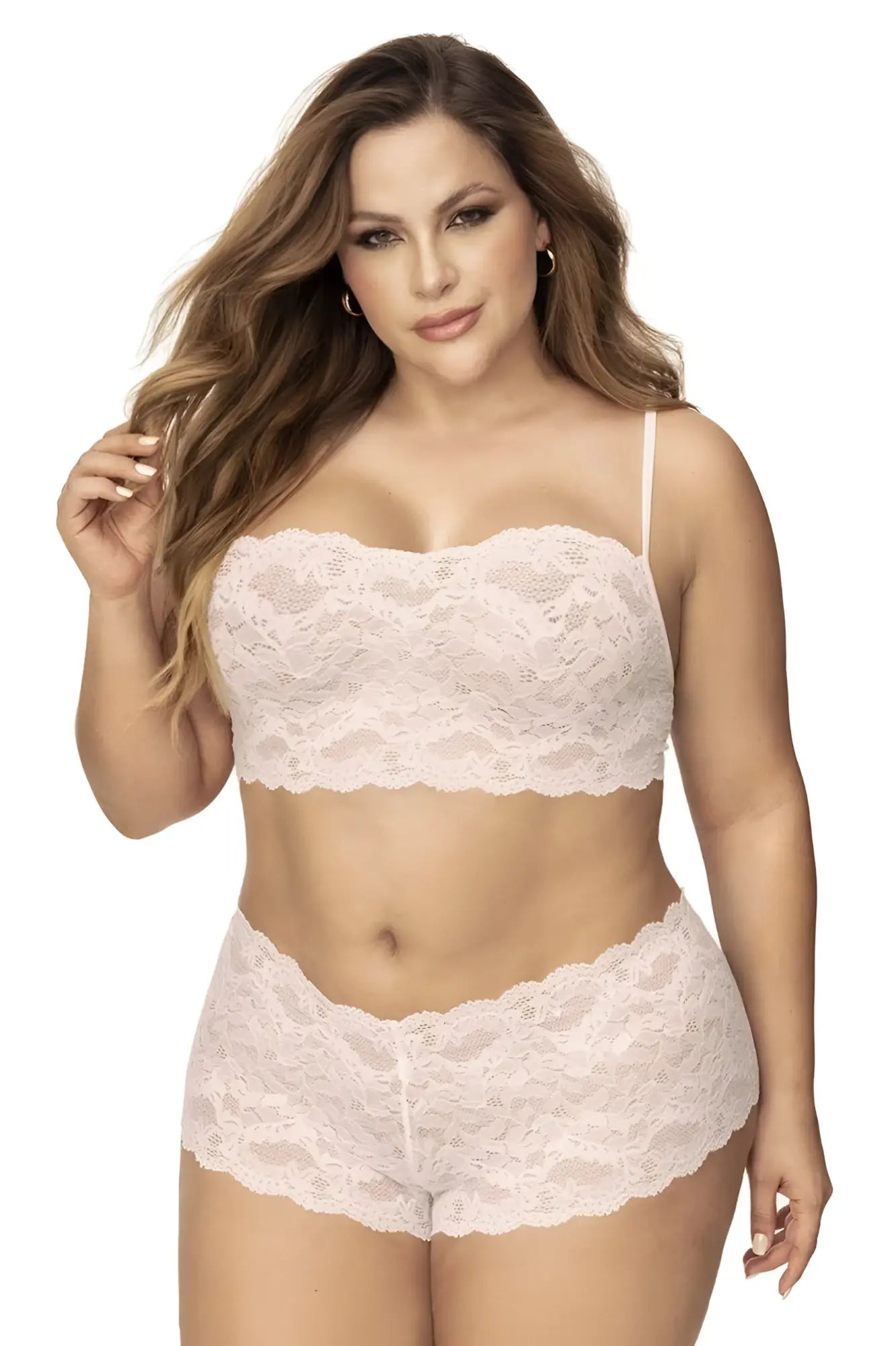 Mapale 206X panty and top lace set in ivory featuring a delicate light pink floral lace bra and matching shorts