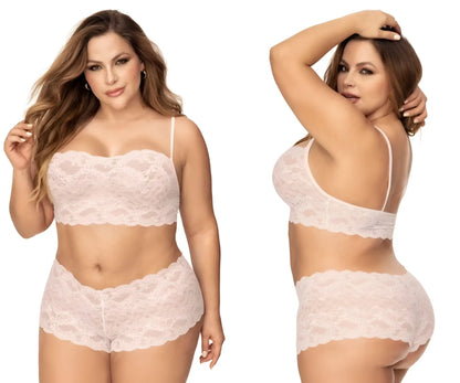 A delicate light pink lace bra and high-waisted shorts set mapale 206x panty and top lace set in ivory color