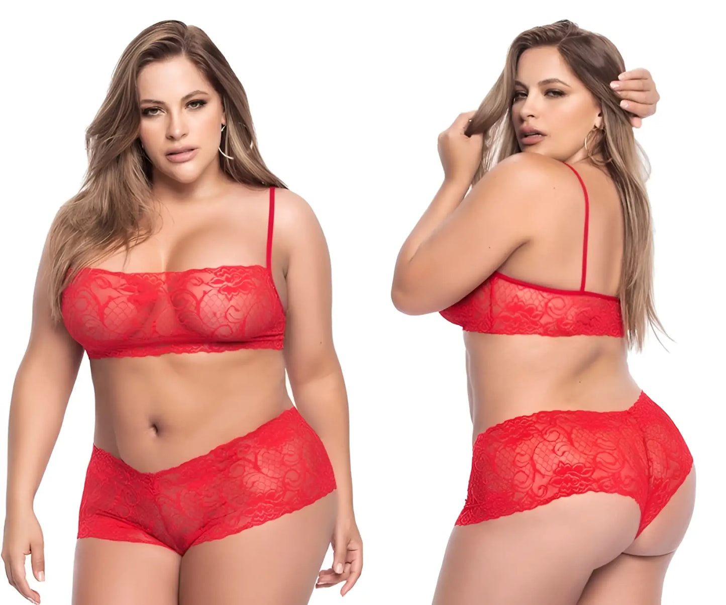 Red lace Mapale 206X panty and top set featuring intricate floral patterns and thin straps in vibrant red