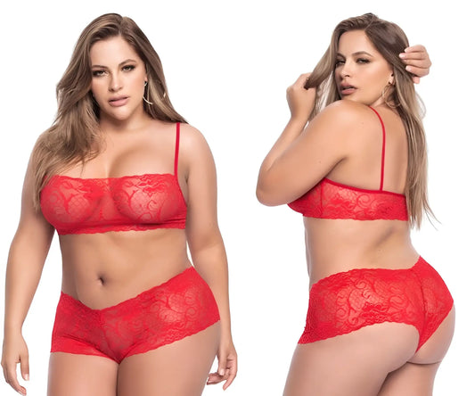 Red lace Mapale 206X panty and top set featuring intricate floral patterns and thin straps in vibrant red