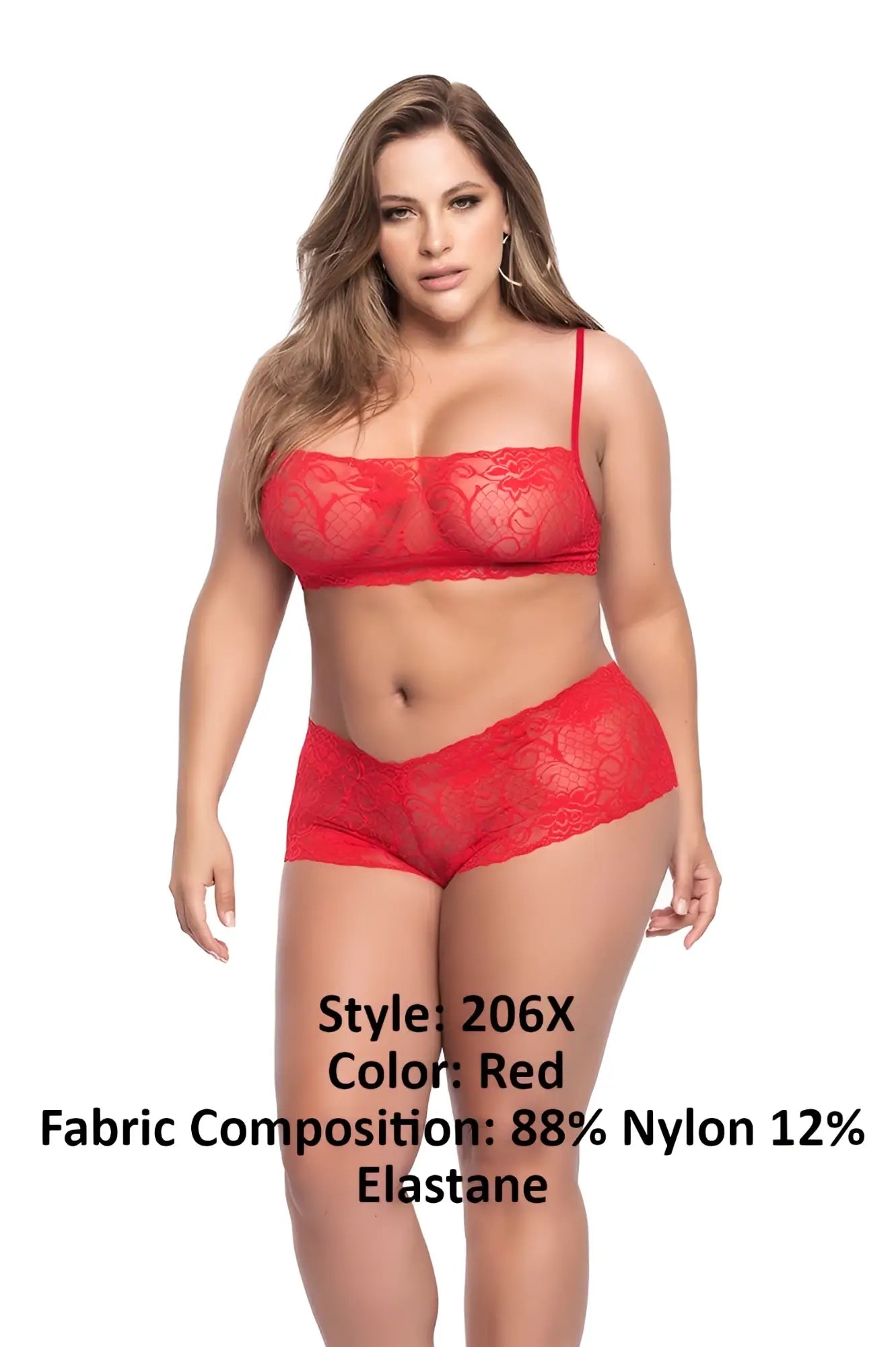 Red lace lingerie set with intricate floral patterns and delicate spaghetti straps by Mapale 206X in red