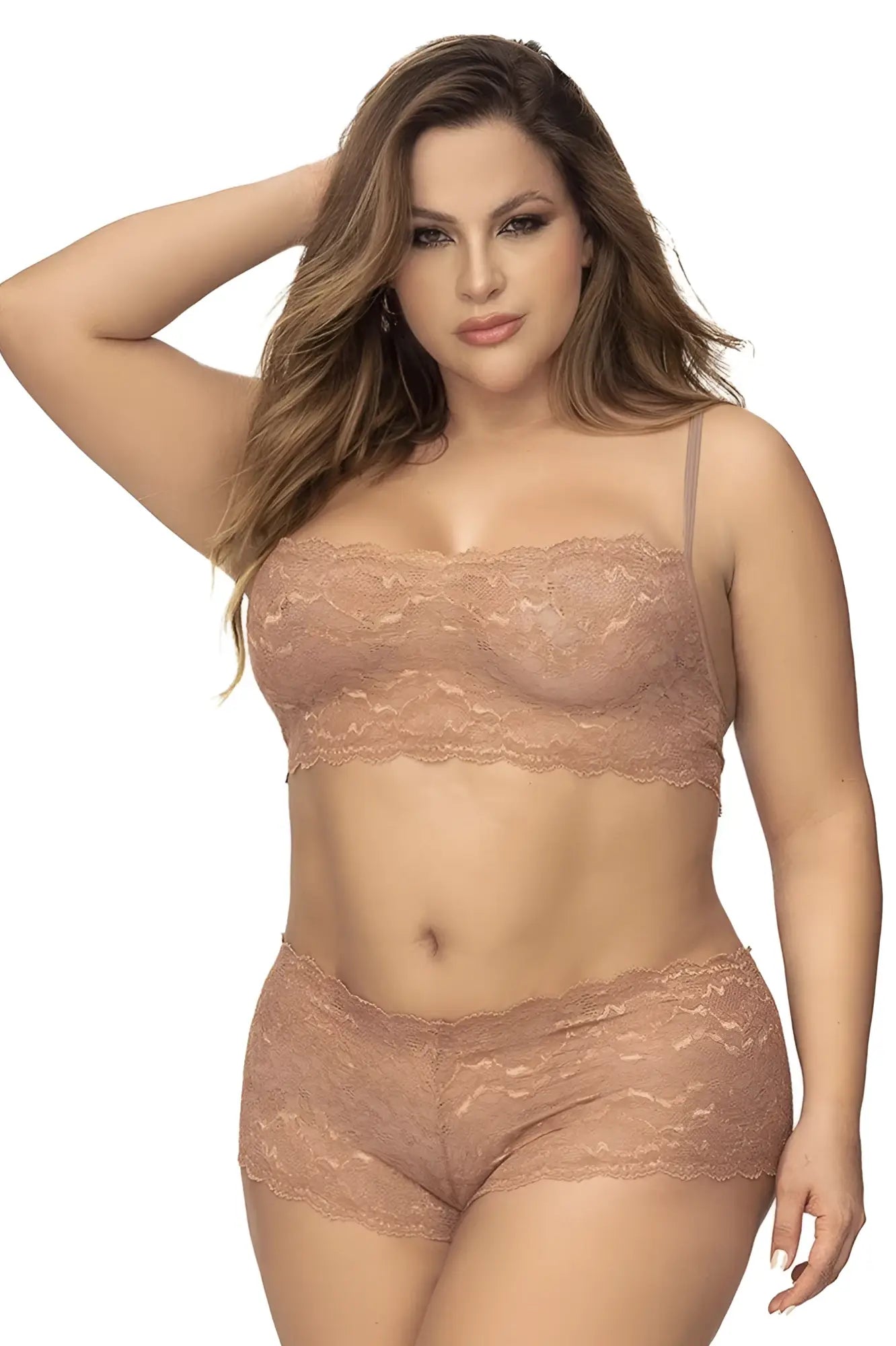 Beige lace bra and matching shorts set in taupe by Mapale featuring delicate lace fabric for intimate wear