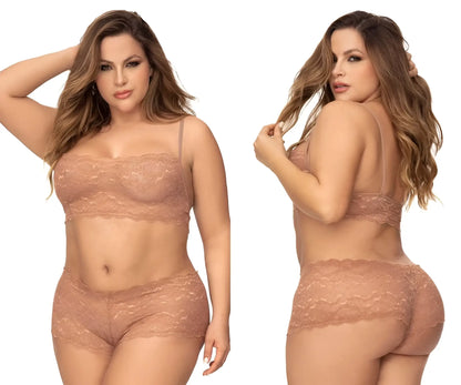 Beige lace lingerie set by Mapale with thin strap bra and high-waisted floral briefs in taupe color