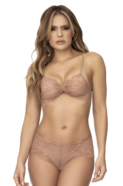 Delicate taupe rose gold lace bra and high waisted briefs set with floral patterns from mapale 207 lace collection
