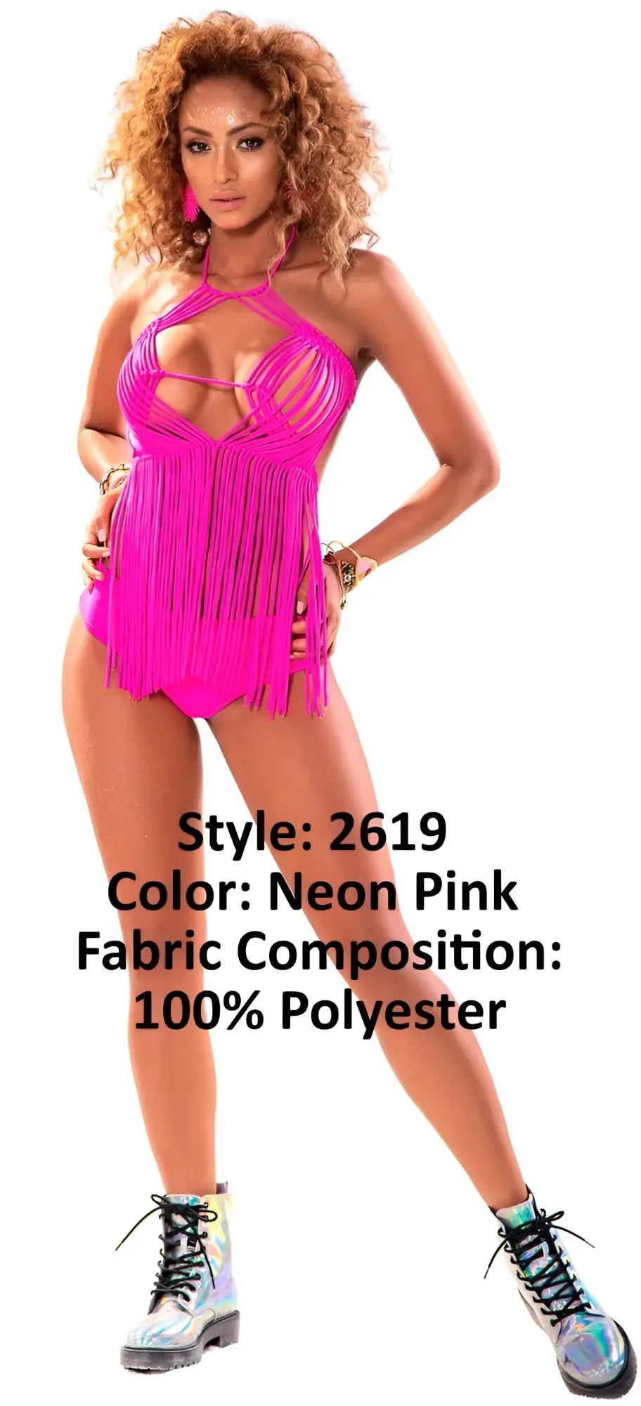 Neon pink mapale 2619 one-piece swimsuit with fringe detailing and halter neckline made of 100 polyester