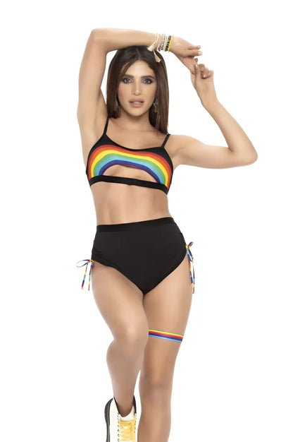 Mapale 2689 two piece set black bikini with rainbow arc design top and high waisted bottom with side ties