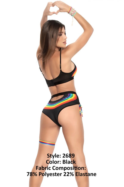 Mapale 2689 two piece set black bikini with rainbow stripe detailing made from 78 polyester and 22 elastane