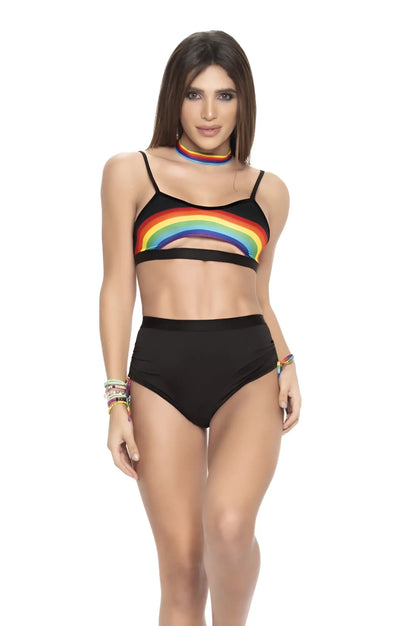 Black mapale 2689 bikini top with vibrant rainbow arch design across the front for stylish swimwear looks