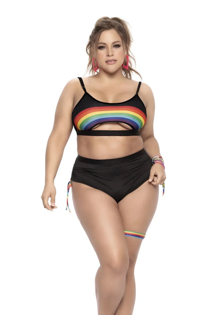Mapale 2689X two piece set black bikini with rainbow cutout top and high waisted side tie bottoms