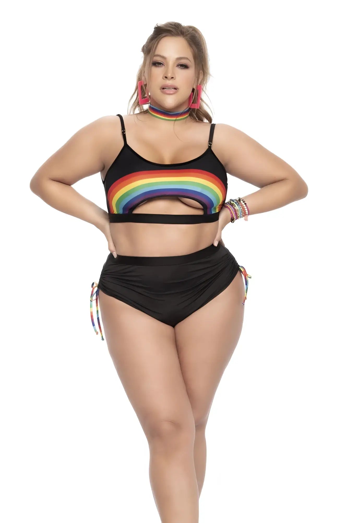 Black mapale 2689x two piece bikini set with rainbow stripe across top and matching tie-side bottoms