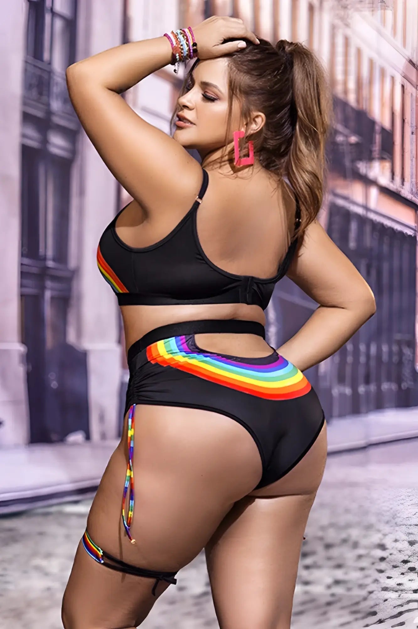 Mapale 2689X black bikini set with vibrant rainbow stripe waistband and matching beaded ties for swimwear use